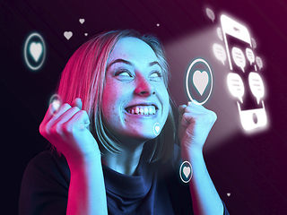 Image showing Woman using interface modern technology and digital layer effect for social media displaying, looks happy getting likes