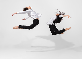 Image showing Young and graceful ballet dancers in minimal black style isolated on white studio background