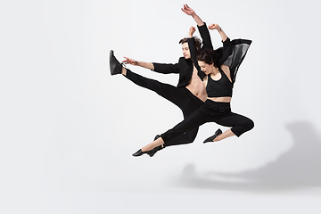 Image showing Young and graceful ballet dancers in minimal black style isolated on white studio background