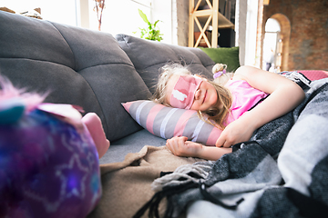 Image showing Quiet little girls sleeping in a bedroom in cute pajamas, home style and comfort