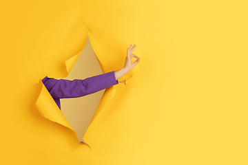 Image showing Female hand gesturing in torn yellow paper hole background