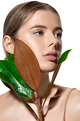 Image showing Youth. Close up of beautiful young woman with green leaves on her face over white background. Cosmetics and makeup, natural and eco treatment, skin care