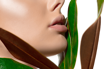 Image showing Lips. Close up of beautiful young woman with green leaves on her face over white background. Cosmetics and makeup, natural and eco treatment, skin care