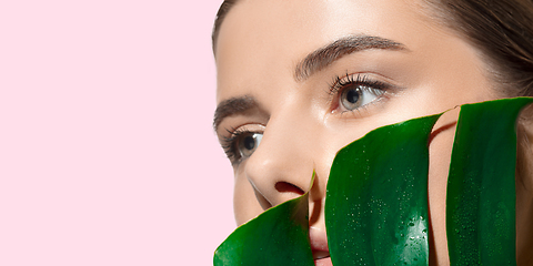 Image showing Close up of beautiful young woman with green leaves on her face over white background. Cosmetics and makeup, natural and eco treatment, skin care. Flyer with copyspace.