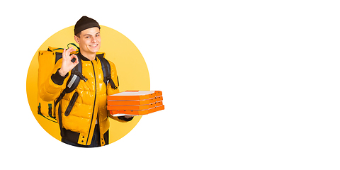 Image showing Emotions of deliveryman isolated on bright bicolor background with geometric style. Flyer with copyspace.