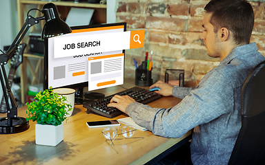 Image showing Man looking for a job during worldwide crisis. Find a job online. Business, internet and networking concept. Modern search bar design.