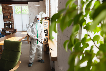 Image showing Coronavirus Pandemic. A disinfector in a protective suit and mask sprays disinfectants in the house or office