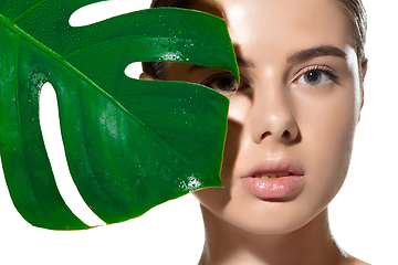 Image showing Nature touch. Close up of beautiful young woman with green leaves on her face over white background. Cosmetics and makeup, natural and eco treatment, skin care