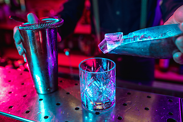 Image showing Close up of barman finishes preparation of alcoholic cocktail with shaker in multicolored neon light