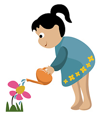 Image showing Portrait of a small girl watering the flowers in the garden vect