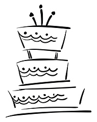 Image showing Painting of a beautiful three-layered birthday cake with candles