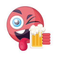 Image showing Round pink happy emoji face holding a beer vector illustration o