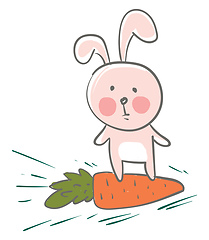 Image showing A pink big eared cartoon hare riding on its favorite carrot vect