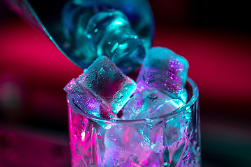 Image showing Close up of alcoholic cocktail, beverage, drink, glass full of ice in multicolored neon light