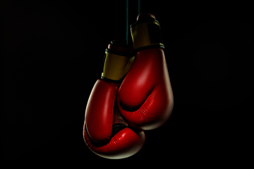 Image showing Professional sport equipment isolated on black studio background. Boxers red gloves.