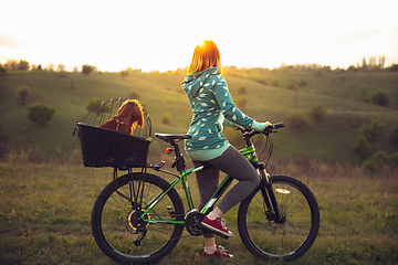 Image showing Young woman having fun near countryside park, riding bike, traveling with companion spaniel dog