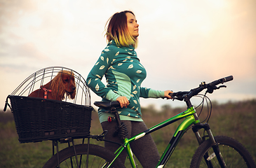 Image showing Young woman having fun near countryside park, riding bike, traveling with companion spaniel dog