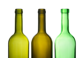 Image showing Three green empty wine bottles