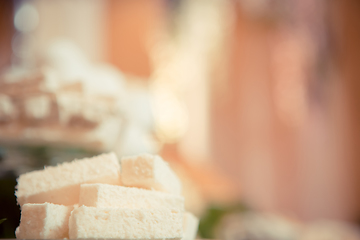 Image showing sweets on the wedding table. Vintage color.