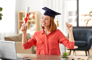 Image showing student woman with laptop and diploma at home