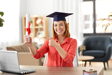 Image showing student woman with laptop and diploma at home