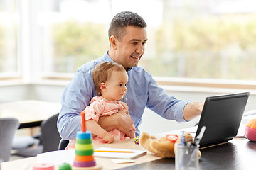 Image showing father with baby working on laptop at home office