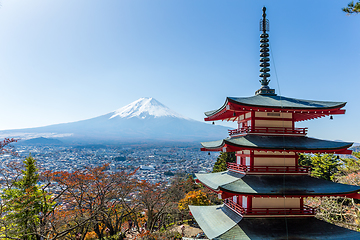 Image showing Mt. Fuji viewed from behind Chureito Pagoda