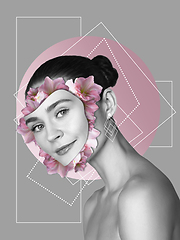 Image showing Portrait of beautiful young woman with modern floral design, inspiration artwork. Fashion, beauty concept.