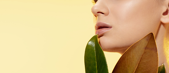 Image showing Close up of beautiful female face with green leaves over yellow background. Cosmetics and makeup, natural and eco treatment, skin care. Flyer with copyspace.