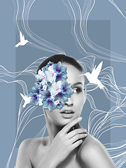 Image showing Portrait of beautiful young woman with modern floral design, inspiration artwork. Fashion, beauty concept.
