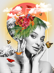 Image showing Portrait of beautiful young woman with modern floral design, inspiration artwork. Fashion, beauty concept.