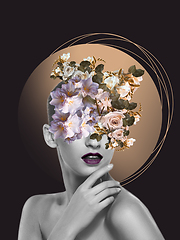 Image showing Portrait of beautiful young woman with modern floral design, inspiration artwork. Fashion, beauty concept. Golden and black.