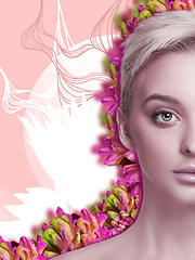 Image showing Portrait of beautiful young woman with modern floral design, inspiration artwork. Fashion, beauty concept.