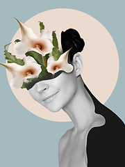 Image showing Portrait of beautiful young woman with modern floral design, inspiration artwork. Fashion, beauty concept.