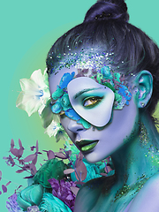 Image showing Portrait of beautiful young woman with modern floral design, inspiration artwork. Fashion, beauty concept.