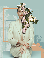 Image showing Portrait of beautiful young woman with modern floral design, inspiration artwork. Fashion, beauty concept.