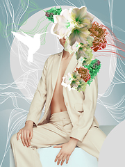 Image showing Portrait of beautiful young woman with modern floral design, inspiration artwork. Fashion, beauty concept.