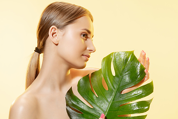 Image showing Spa. Close up of beautiful female face with green leaves over white background. Cosmetics and makeup, natural and eco treatment, skin care.