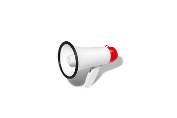 Image showing Red and white megaphone isolated on white studio background with copyspace