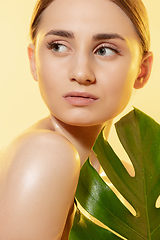 Image showing Spa. Close up of beautiful female face with green leaves over white background. Cosmetics and makeup, natural and eco treatment, skin care.