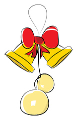 Image showing A golden bell with hanging balls and a red bow-like ribbon for f