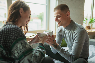 Image showing Quarantine lockdown, stay home concept - young beautiful caucasian couple enjoying new lifestyle during coronavirus worldwide health emergency