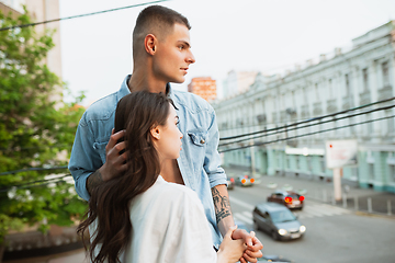 Image showing Quarantine lockdown, stay home concept - young beautiful caucasian couple enjoying new lifestyle during coronavirus worldwide health emergency