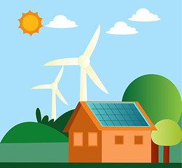 Image showing Illustration of windmill and solar panels on a house illustratio