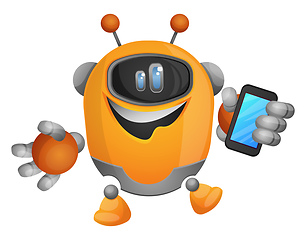 Image showing Cartoon robot holding a smartphone illustration vector on white 