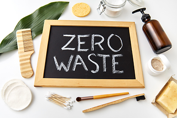 Image showing natural cosmetics and chalkboard with zero waste