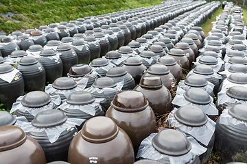 Image showing Row of Vinegar Barrel store at outdoor