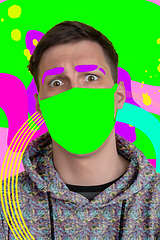 Image showing Portrait of a young man with freaky appearance, look and bright colorful painted design