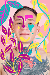 Image showing Portrait of a young man with freaky appearance, look and bright colorful painted design