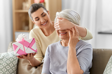 Image showing adult daughter giving present to her senior mother